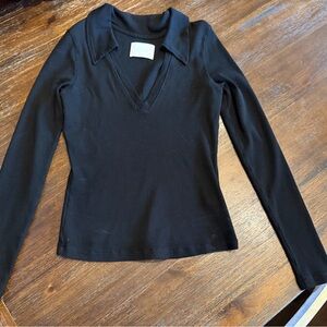 Citizens Of Humanity Black Collared V-Neck Long Sleeve Top